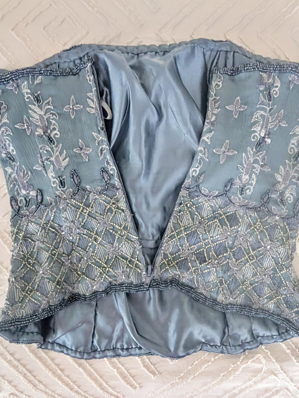 100% Silk Embroidered Strapless Beaded Peplum Top - Slate Blue - Picture 4 of 7